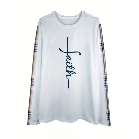 NWT Faith Long Sleeve Scoop Neck Top in White/Plaid - Picture 3 of 5